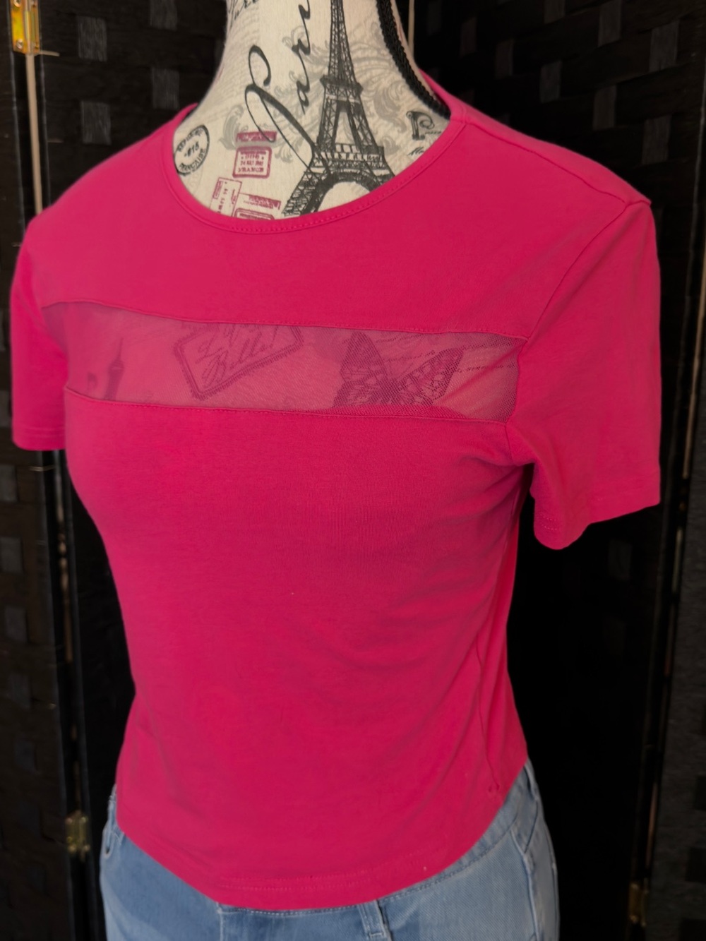 Women’s Hot Pink Short Sleeve Top with Sheer Yoke